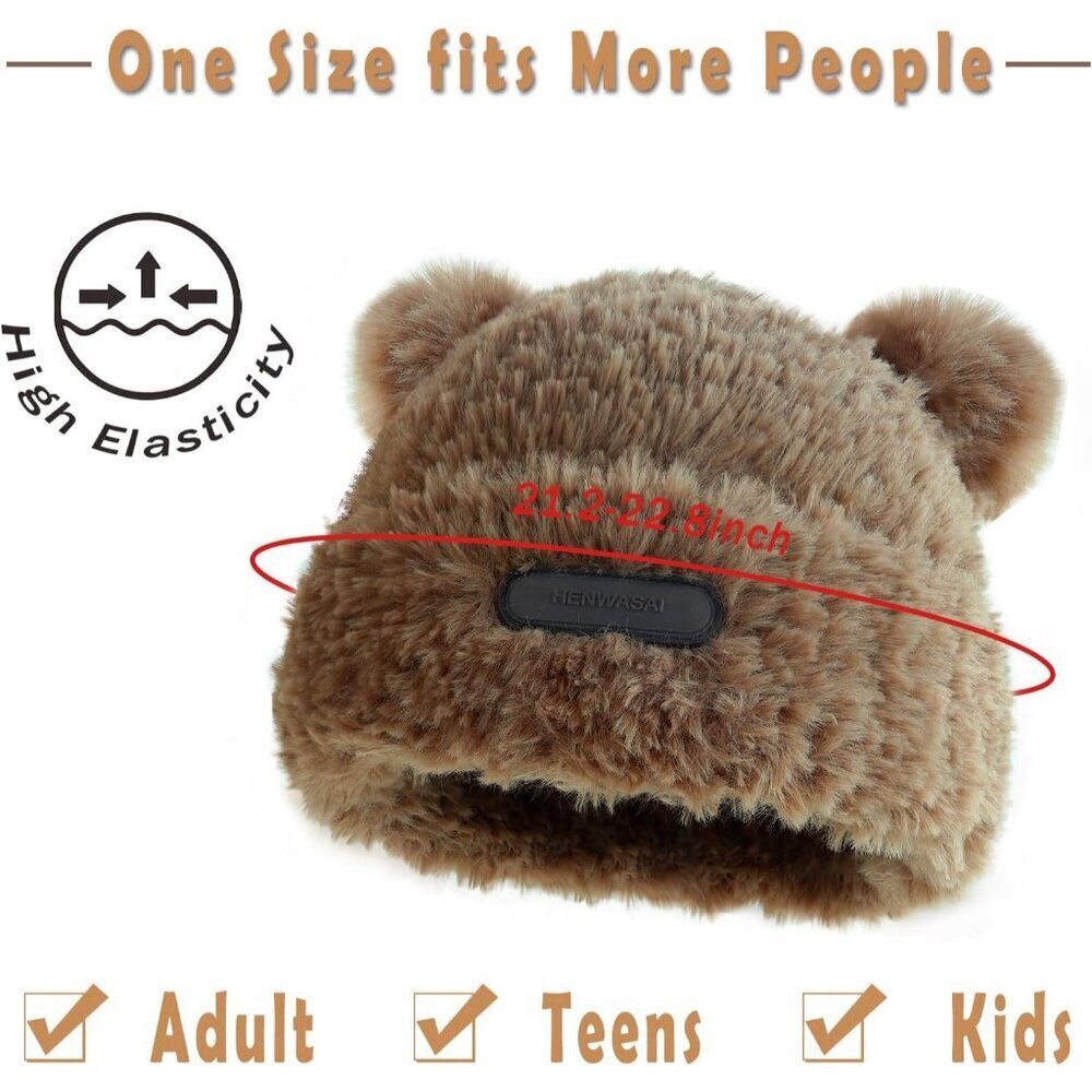 Women's Khaki Furry Beanie with Pom Pom Winter Warm Knitted Hat Bear Costume - Picture 6 of 6